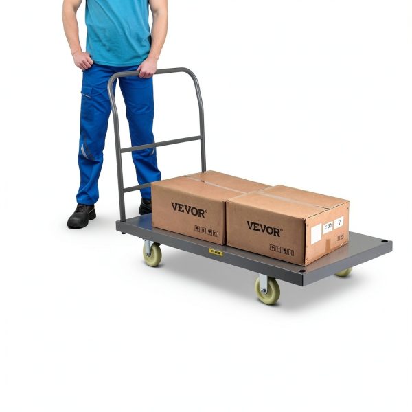 VEVOR Platform Truck, 2000 lbs Capacity Steel Flatbed Cart, 47" Length x 24" Width x 32" Height Flat Dolly, Hand Trucks with 5" Nylon Casters, Heavy-Duty Utility Push Carts for Luggage Moving-2